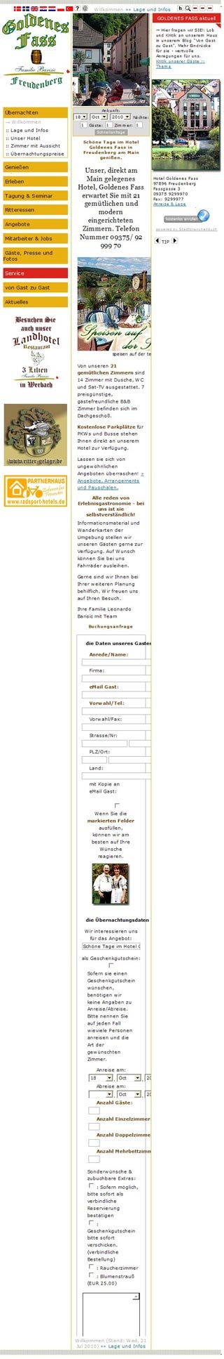 Webseite von Hotel Goldenes Fass in Freudenberg